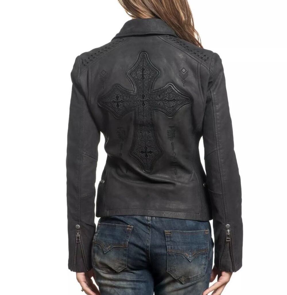 AFFLICTION Leather Jacket Women's Small NWT #99 Livestock Biker MMA Cross Zipper
